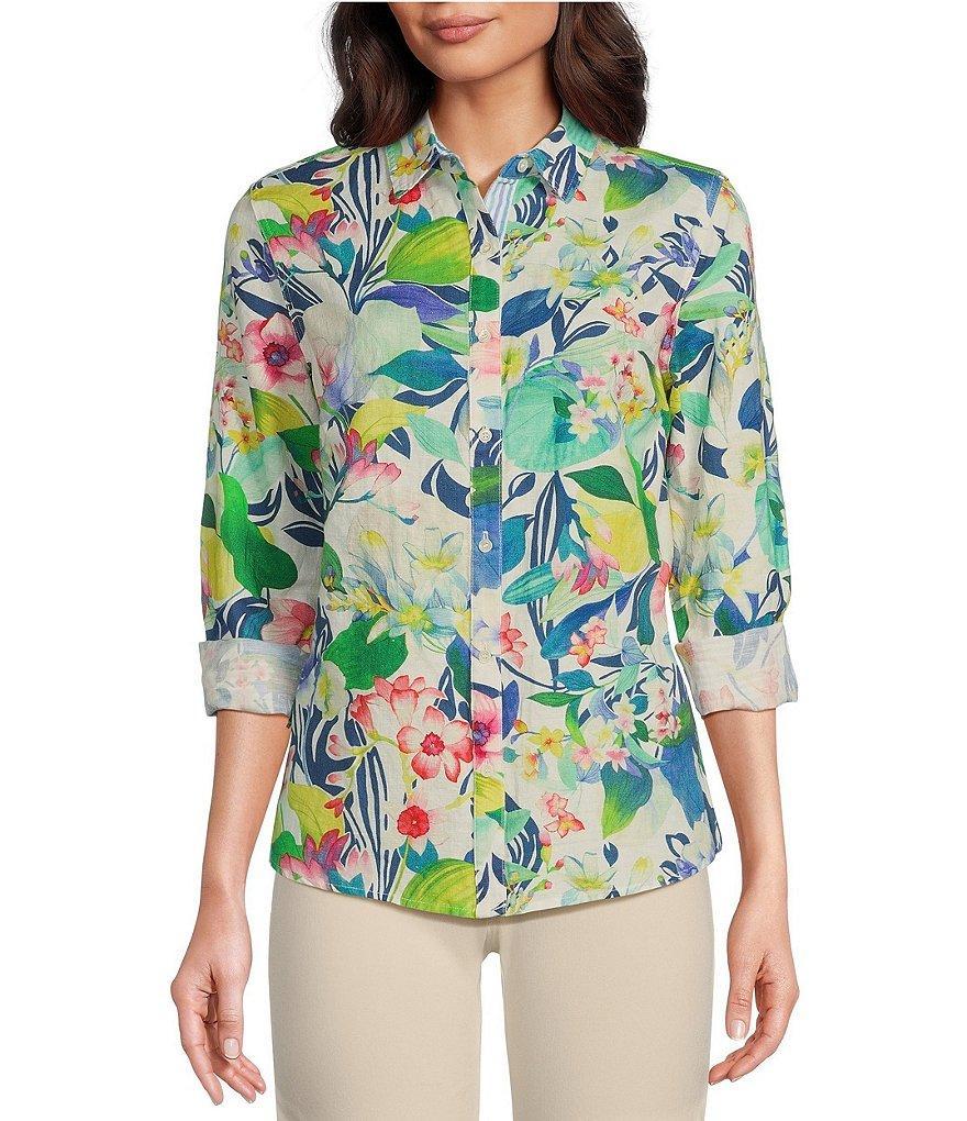 J.McLaughlin Lois Reef Woven Linen Blend Floral Point Collar Button Down Blouse Product Image