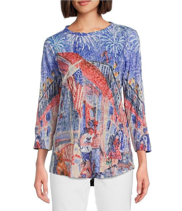 Ali Miles Festive Print Burnout Crinkle Knit Crew Neck 3/4 Sleeve Tunic Product Image