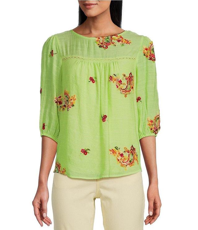 Figueroa & Flower Yoke Inset Trim Detail Embroidered 3/4 Balloon Sleeve Popover Blouse Product Image