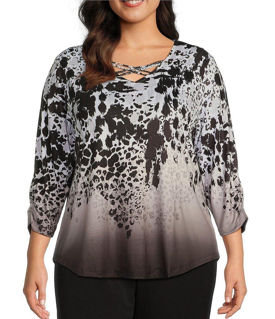 Allison Daley Plus Size Spots Border Print 3/4 Ruched Sleeve Criss-Cross Embellished V-Neck Knit Top Product Image