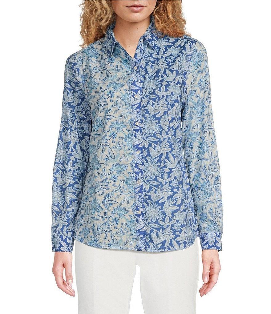 J.McLaughlin Lois Woven Floral Print Point Collar Long Sleeve Button Front Blouse Product Image