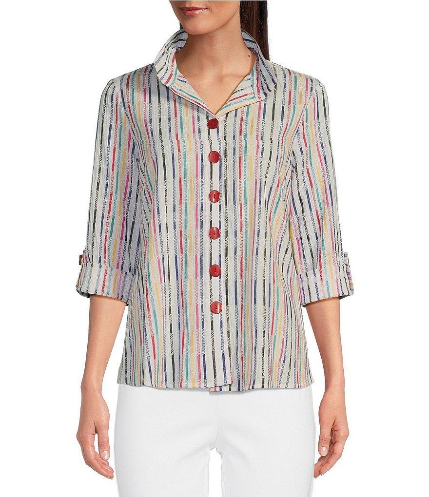 Ali Miles Petite Size Yarn-Dye Textured Stripe Wire Collar Long Roll-Tab Sleeve High-Low Hem Button-Front Top Product Image