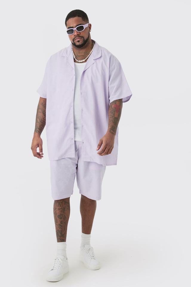 Plus Oversized Linen Drop Revere Shirt & Short Set In Lilac | boohooMAN USA Product Image