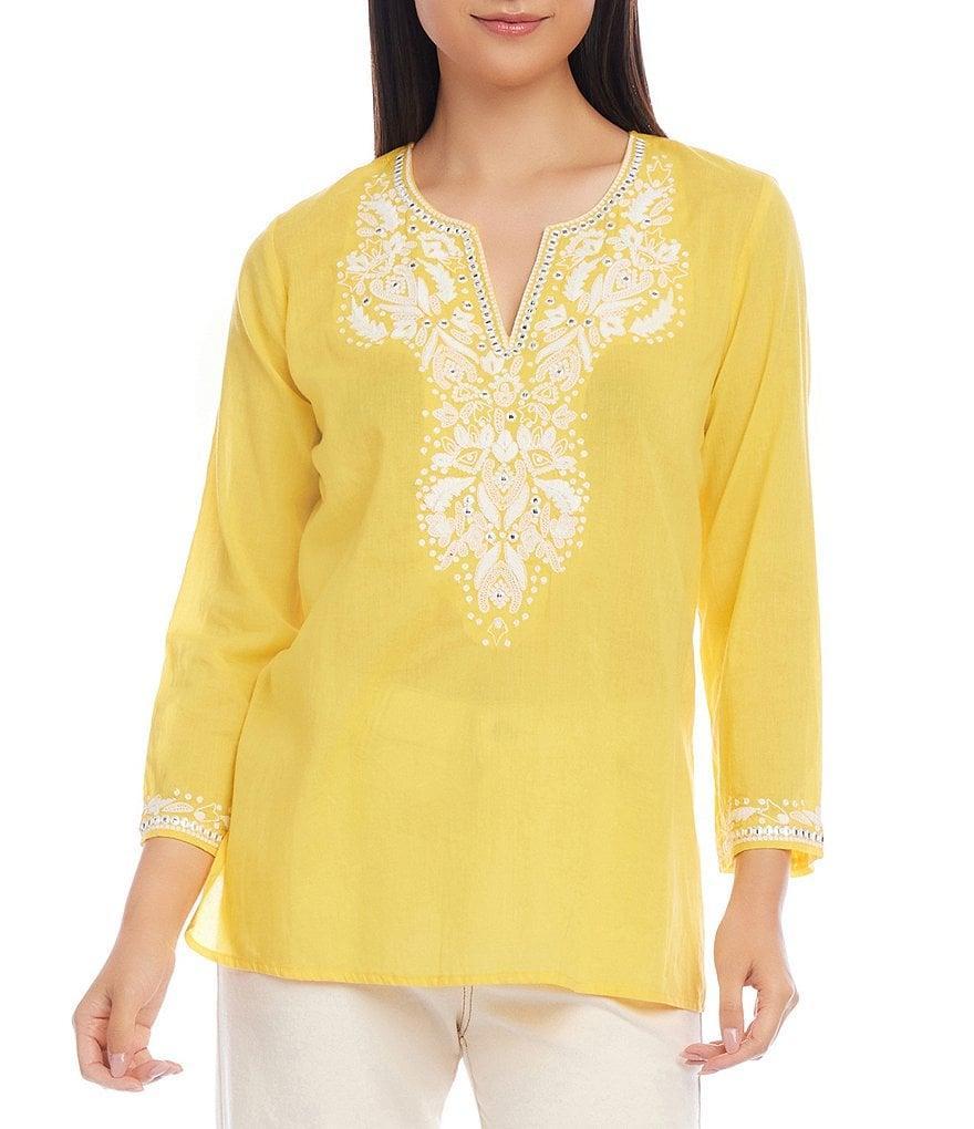 Karen Kane Woven Embroidered Split Round Neck Bracelet Length Sleeve Side Slit Tunic Product Image