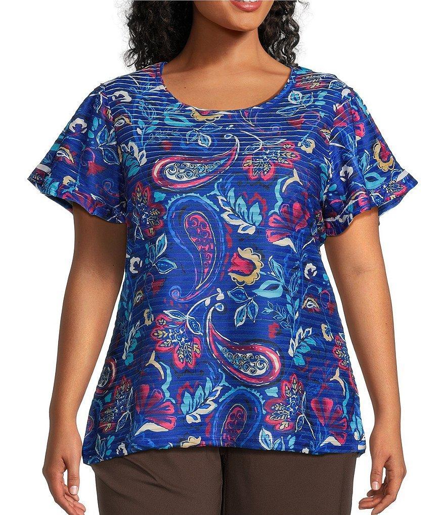 Allison Daley Plus Size Floral Paisley Print Short Ruffle Sleeve Crew Neck Knit Top Product Image