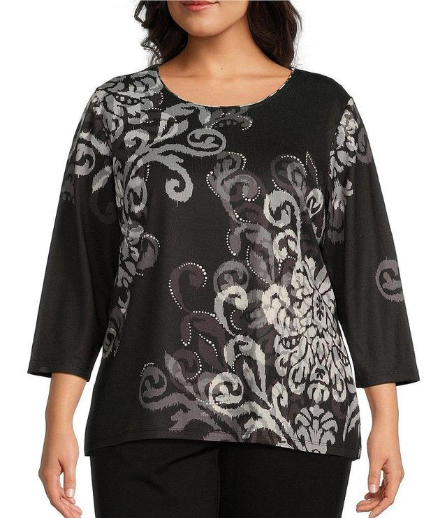 Allison Daley Plus Size Embellished Black/White Scroll Placement Print 3/4 Sleeve Crew Neck Knit Top Product Image