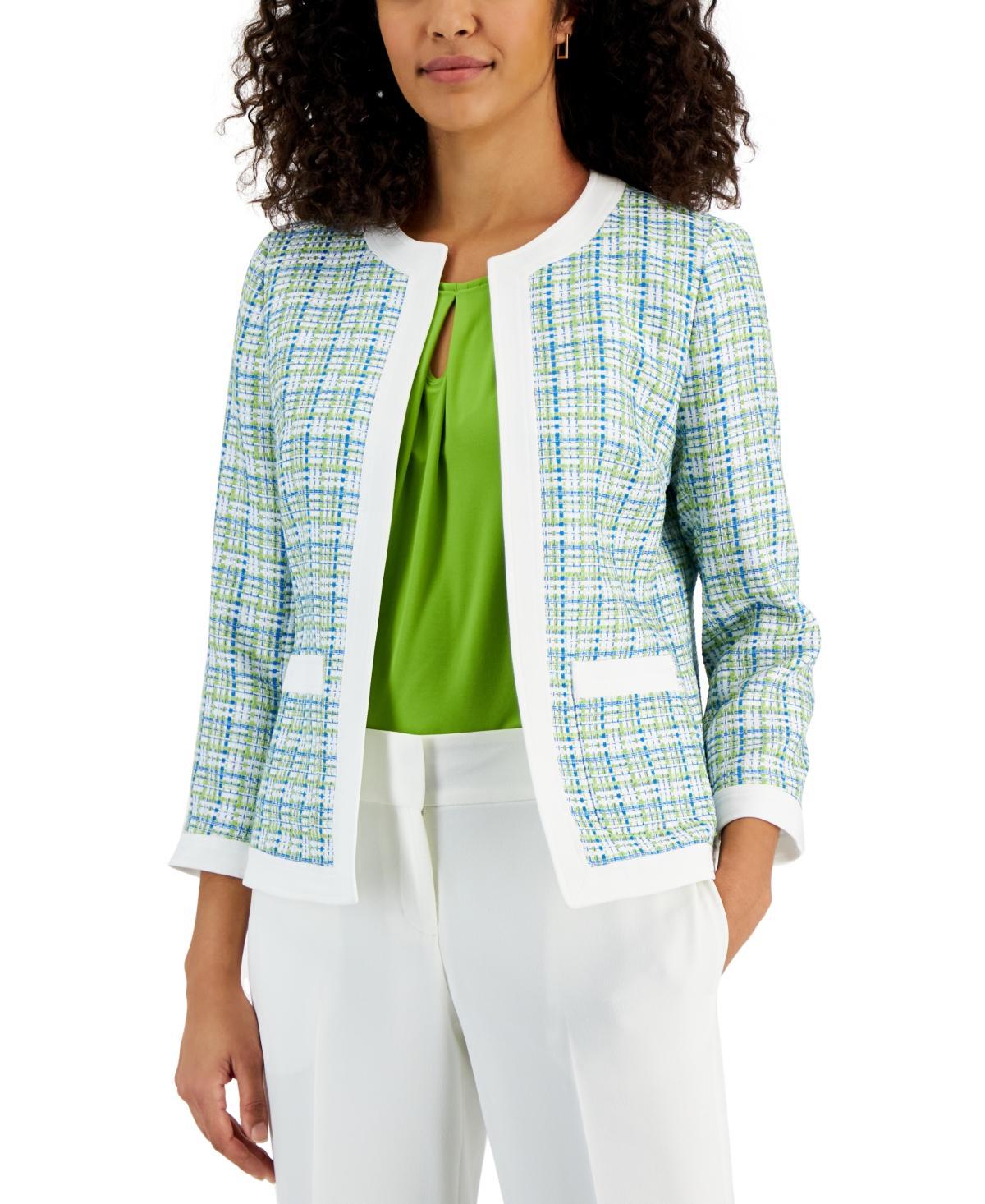 Kasper Womens Plaid Framed Open-Front 3/4-Sleeve Jacket Product Image