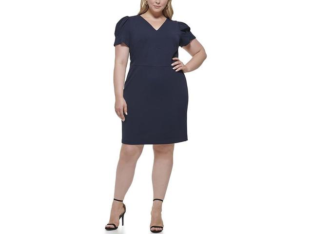 DKNY Plus Size V-Neck Puff Sleeve Dress (Midnight) Women's Clothing Product Image