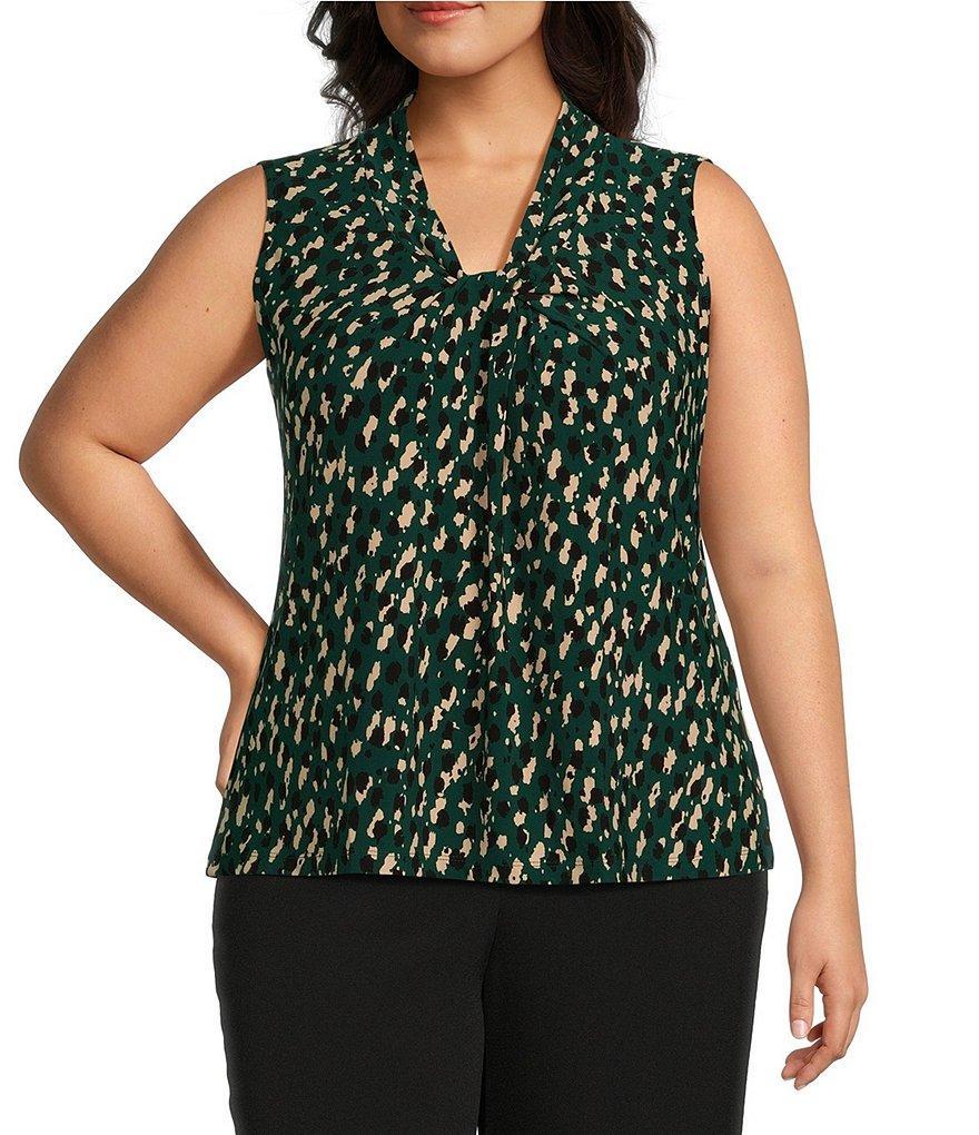 Kasper Plus Size Printed Sleeveless V-Neck Knot Front Blouse Product Image