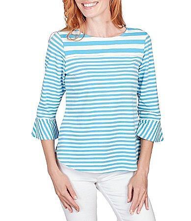 Ruby Rd. Yarn Dye Stripe Knit Round Neck 34 Flounce Sleeve Top Product Image