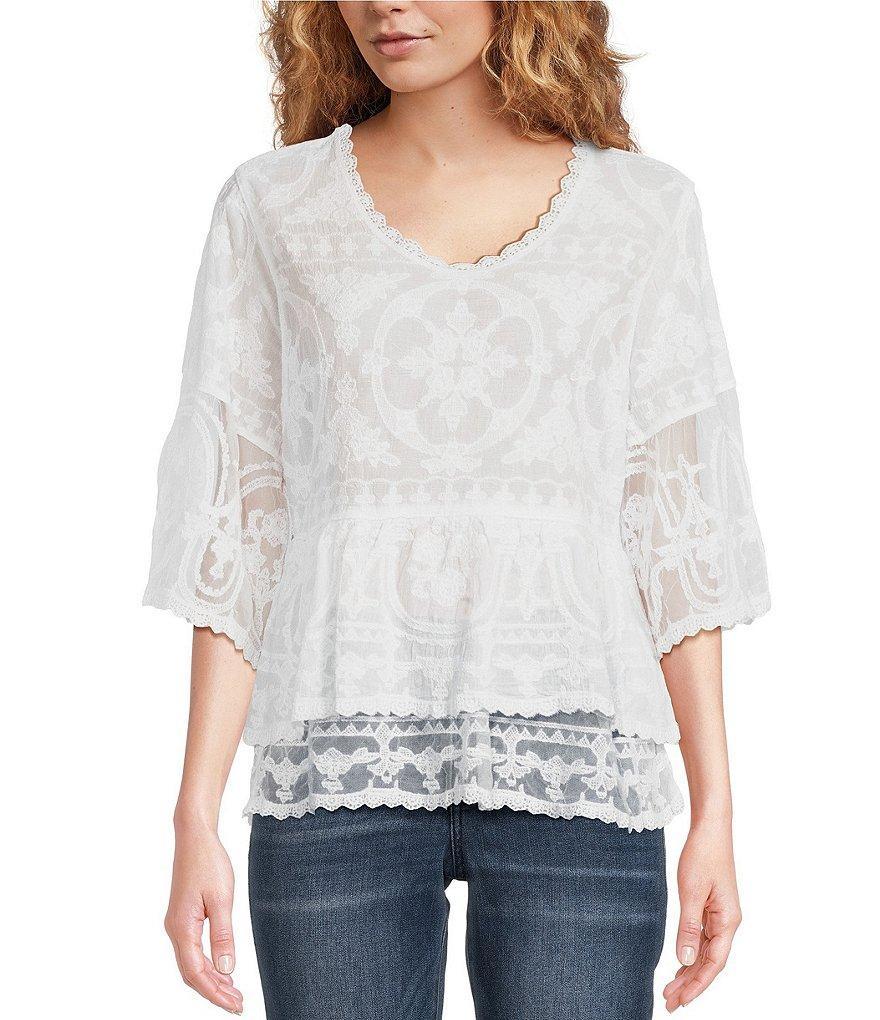 Democracy Petite Size Embroidered Woven Round Neck 3/4 Sleeve Tiered Peplum Top Product Image