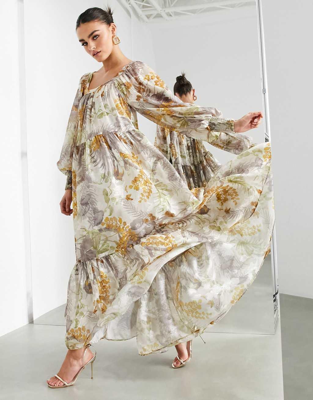 ASOS EDITION oversized maxi dress in floral satin burnout with square neck Product Image