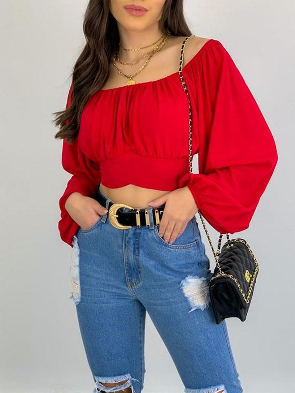 Long Sleeves Loose Elasticity Pleated Solid Color Off-The-Shoulder Blouses Product Image