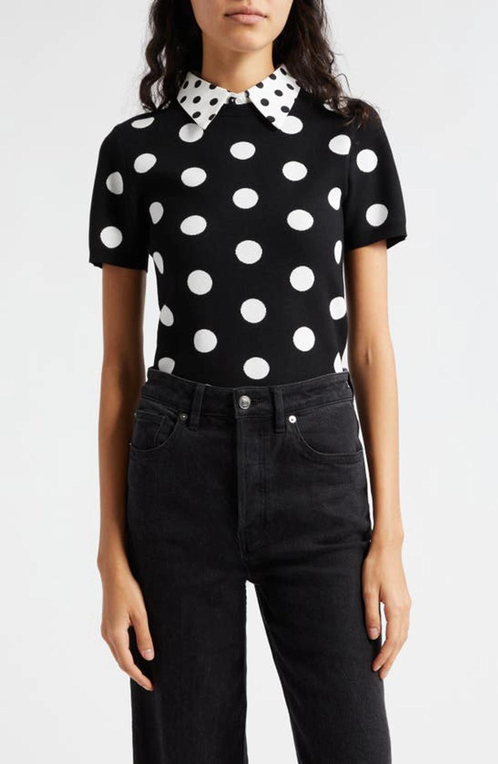 Aster Polka-dot Short-sleeve Collared Pullover In Black Soft White Product Image