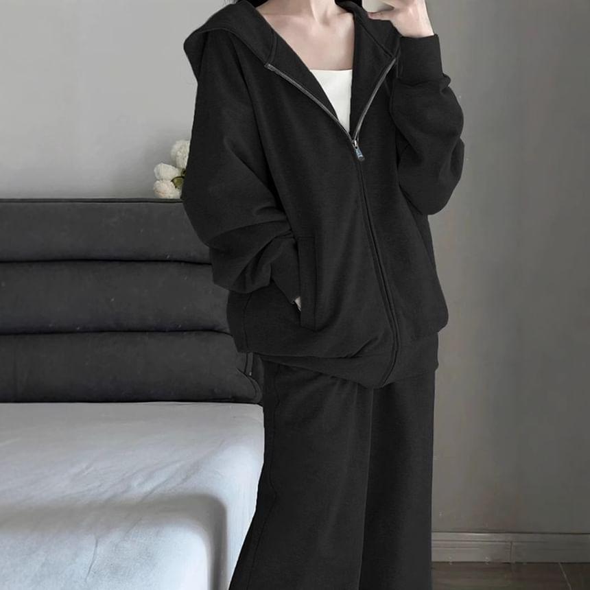 Set: Zip Hoodie + Drawstring Waist Wide Leg Sweatpants Product Image