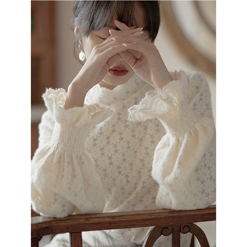 Long-Sleeve Mock Neck Floral Lace Blouse Product Image