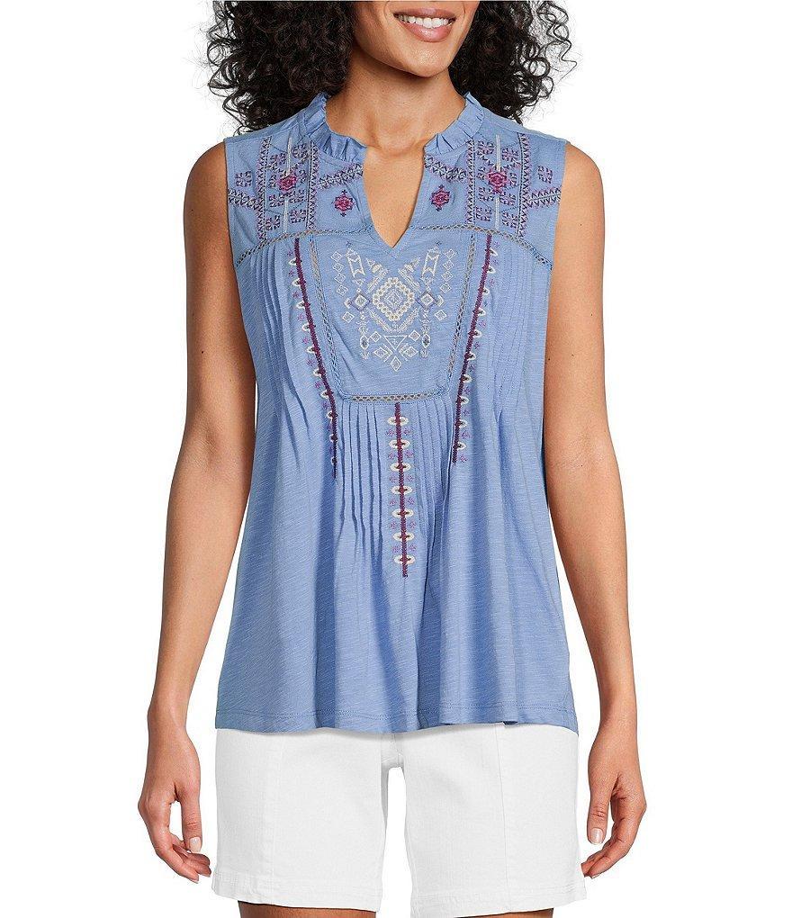 Intro Cotton Knit Embroidered Lace Notch V-Neck Sleeveless Swing Tank Top Product Image