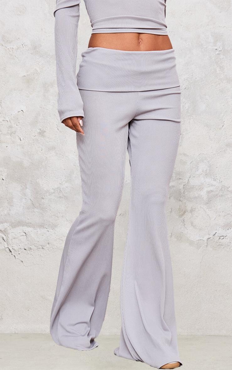 Light Grey Rib Foldover Low Rise Flared Trousers Product Image