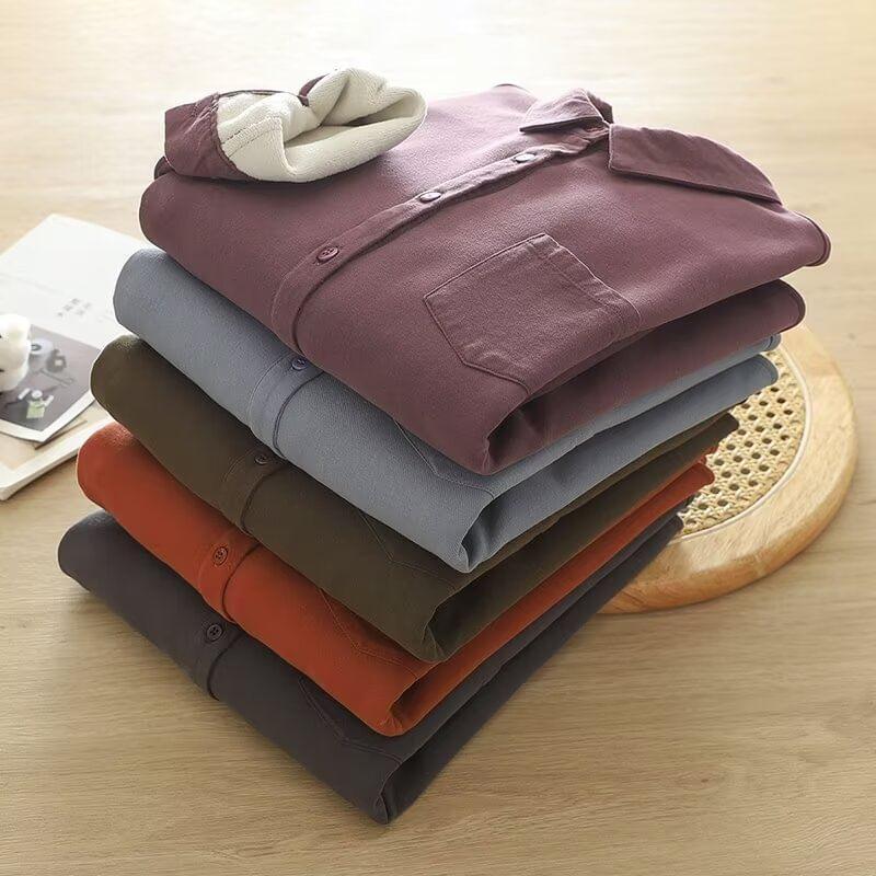 Plain Fleece-Lined Button-Up Shirt Product Image