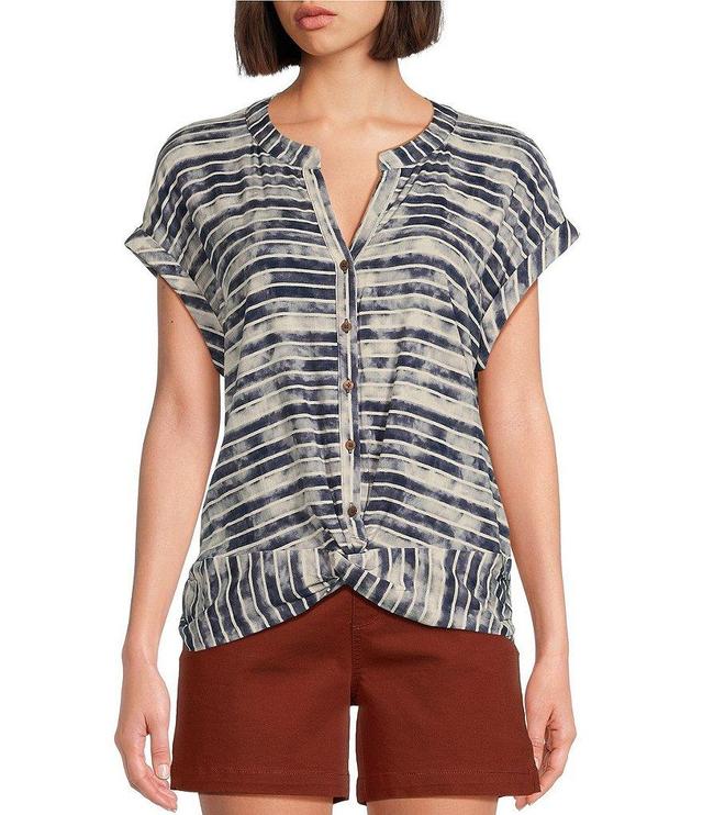 Westbound Knit Nimbus Stripe Short Sleeve Y-Neck Button Front Twist Detail Top Product Image