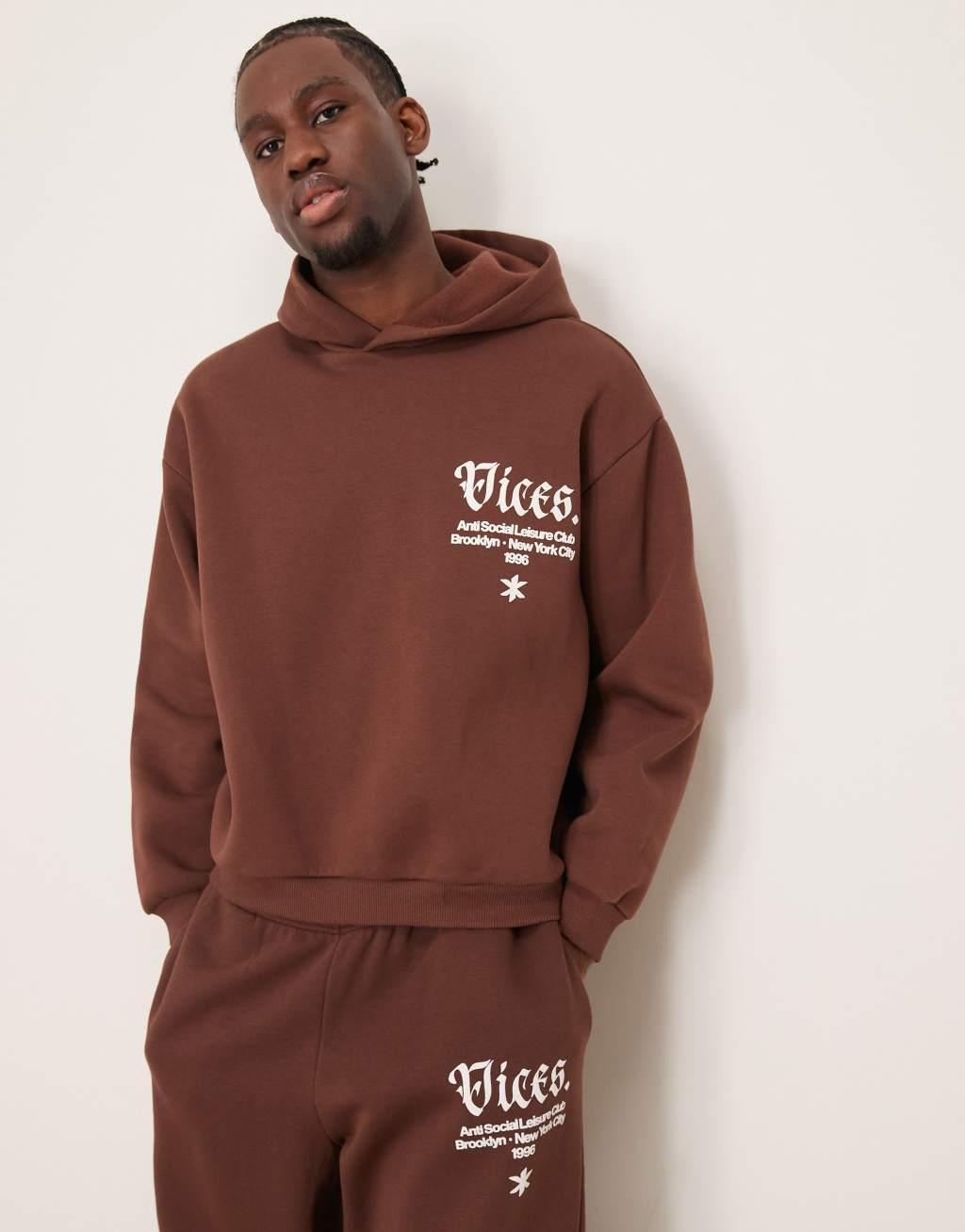 ASOS DESIGN super oversized hoodie with chest and hood print in brown - part of a set Product Image