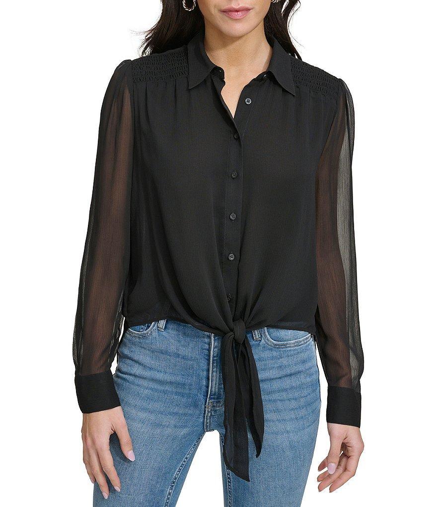 Calvin Klein Collared Neckline Long Sleeve Tie Front Blouse Product Image