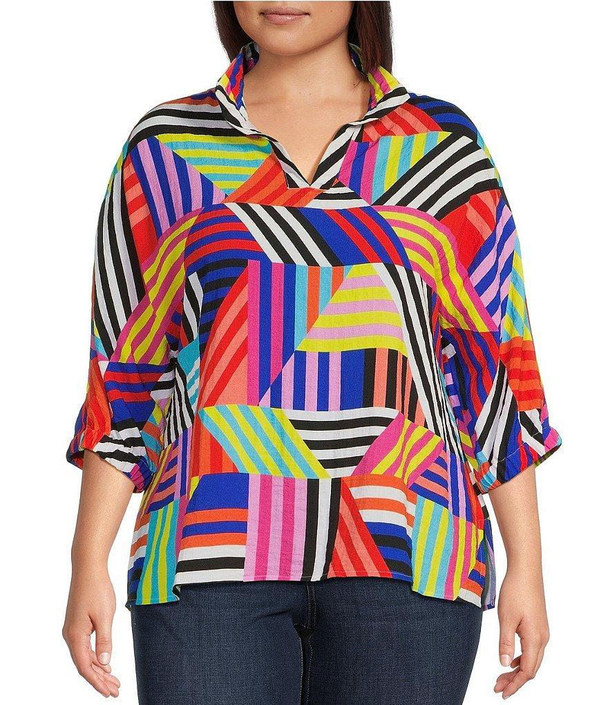 Ali Miles Plus Size Multiple Stripe Print Woven Split V-Neck 3/4 Sleeve Pop Over Tunic Product Image