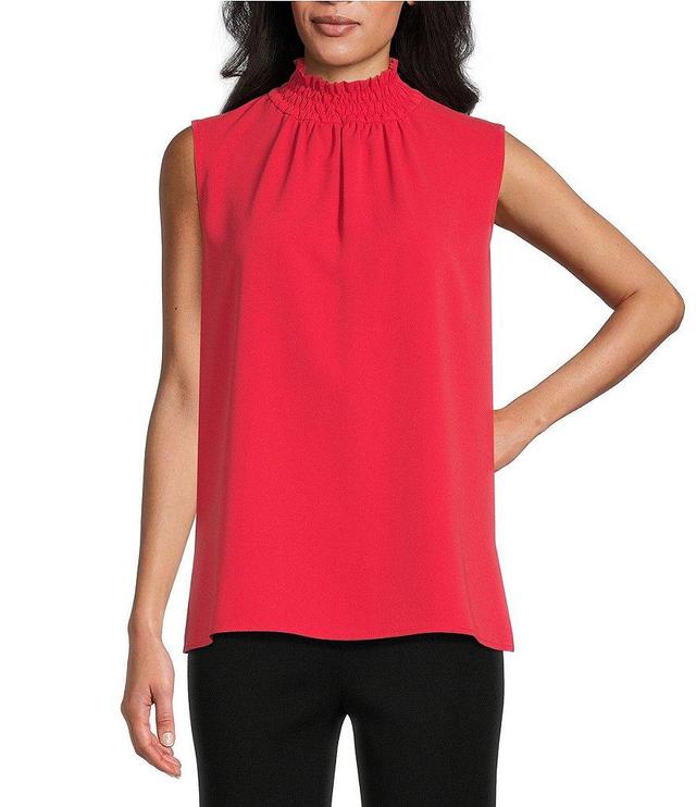 Ming Wang Crepe De Chine Pleated Smocked Mock Neck Sleeveless Side Slit Hem Blouse Product Image