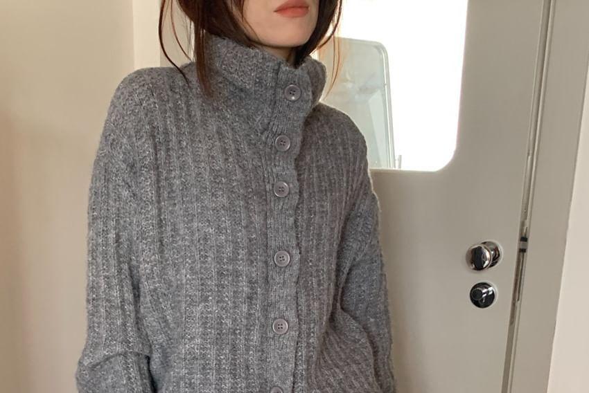 Stand Collar Plain Ribbed Cardigan Product Image