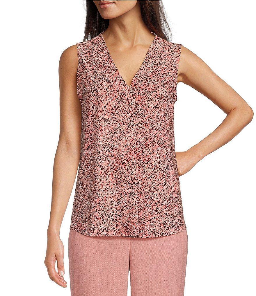 Anne Klein Printed V-Neck Pleat Front Sleeveless Blouse Product Image