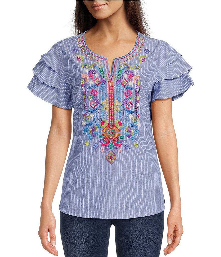 Calessa Embroidered Patchwork Split Round Neck Tiered Short Sleeve Striped Shirttail Hem Blouse Product Image