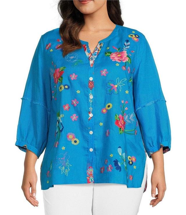 John Mark Plus Size Floral Embroidered Round Neck 3/4 Sleeve Button-Front Tunic Product Image