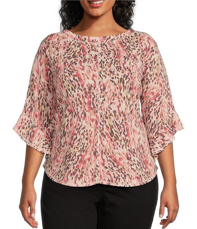 Westbound Plus Size Knit Animals Trails Print Crew Neck 3/4 Ruffle Sleeve Top Product Image