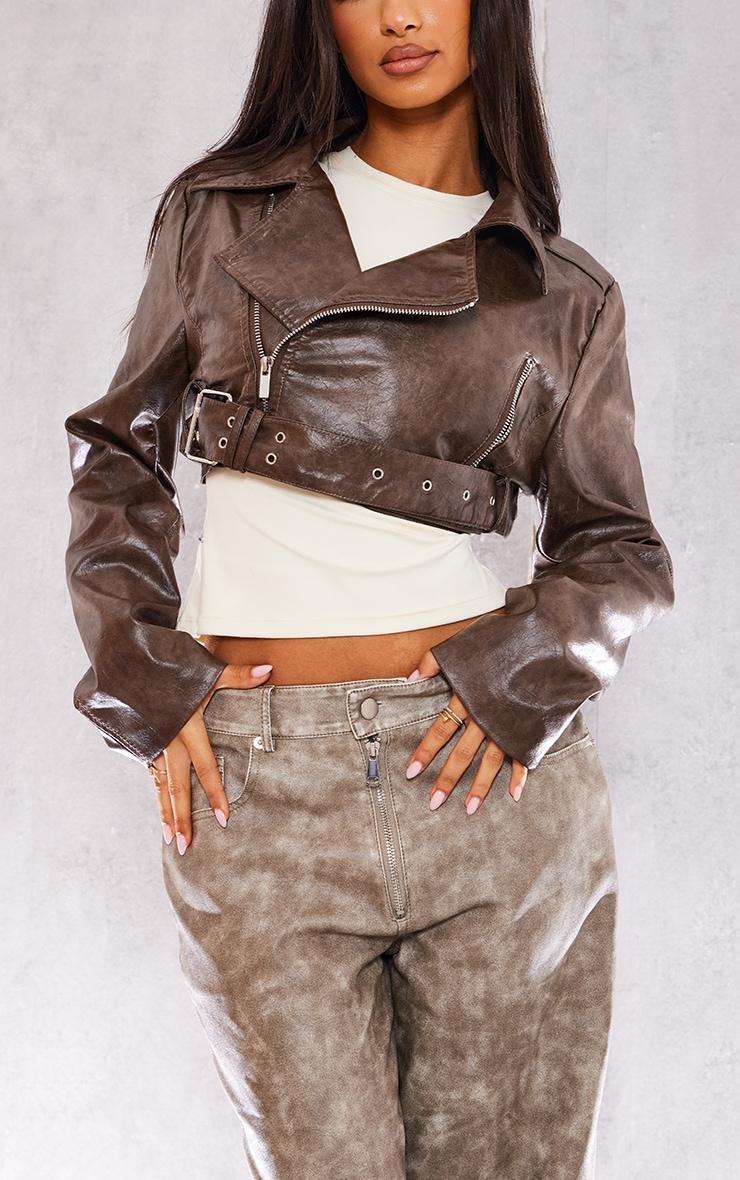 Petite Brown Faux Washed Leather Super Cropped Belted Biker Jacket Product Image