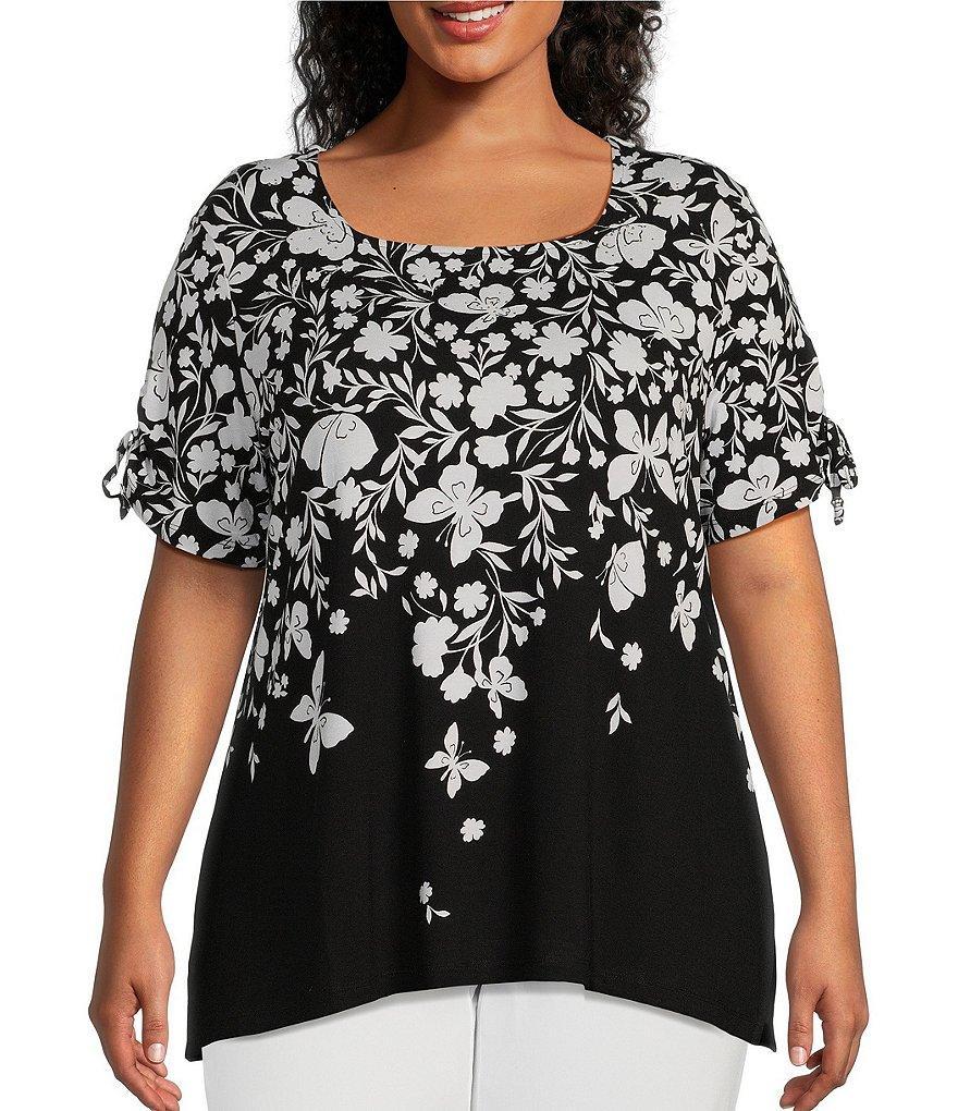 Allison Daley Plus Size Butterfly Print Short Tie Sleeve Scoop Neck Knit Top Product Image