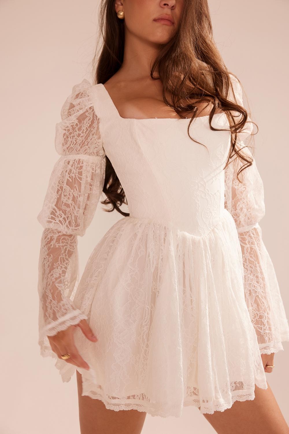 Sancia White Lace Puff Sleeve Mini Dress Product Image