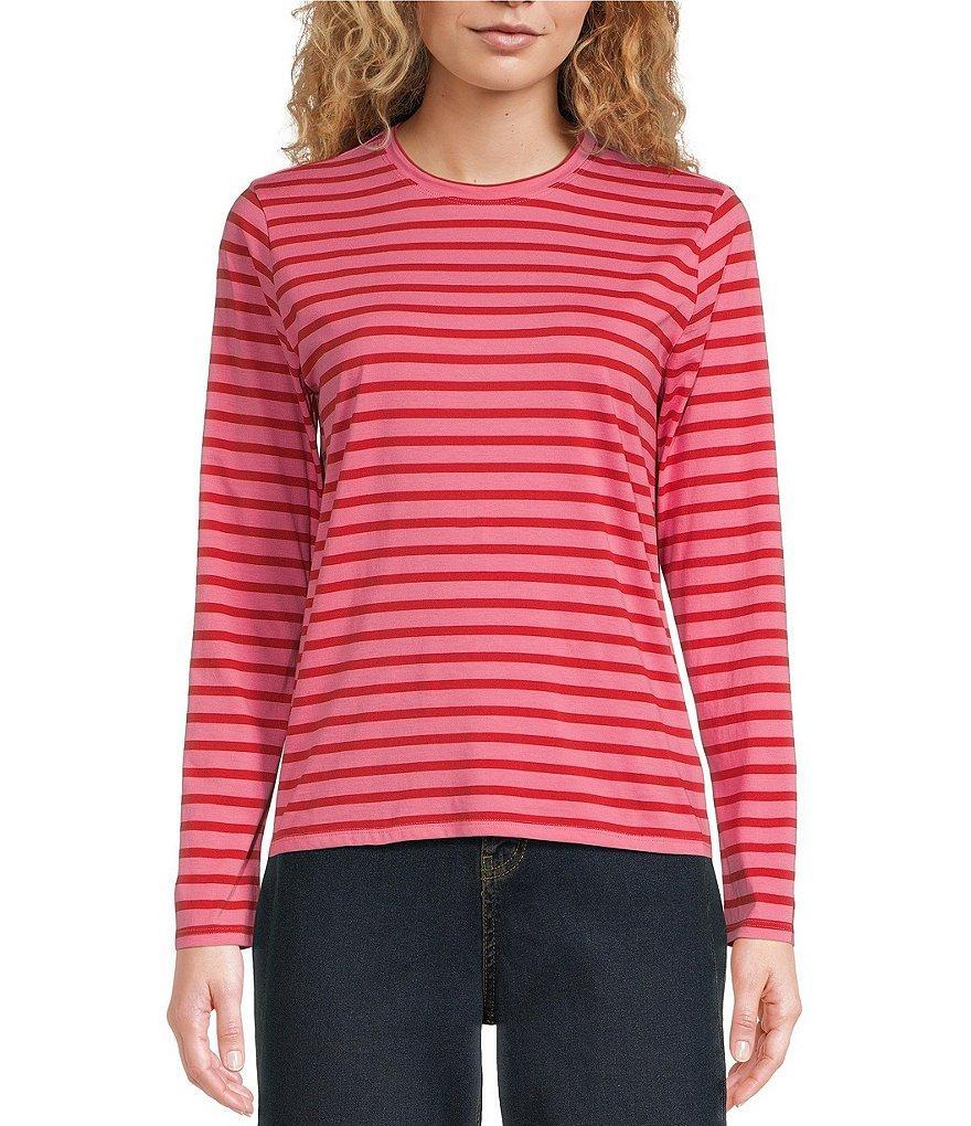 FRANCES VALENTINE Pima Cotton Crew Neck Long Sleeve Stripe Print Tee Shirt Product Image