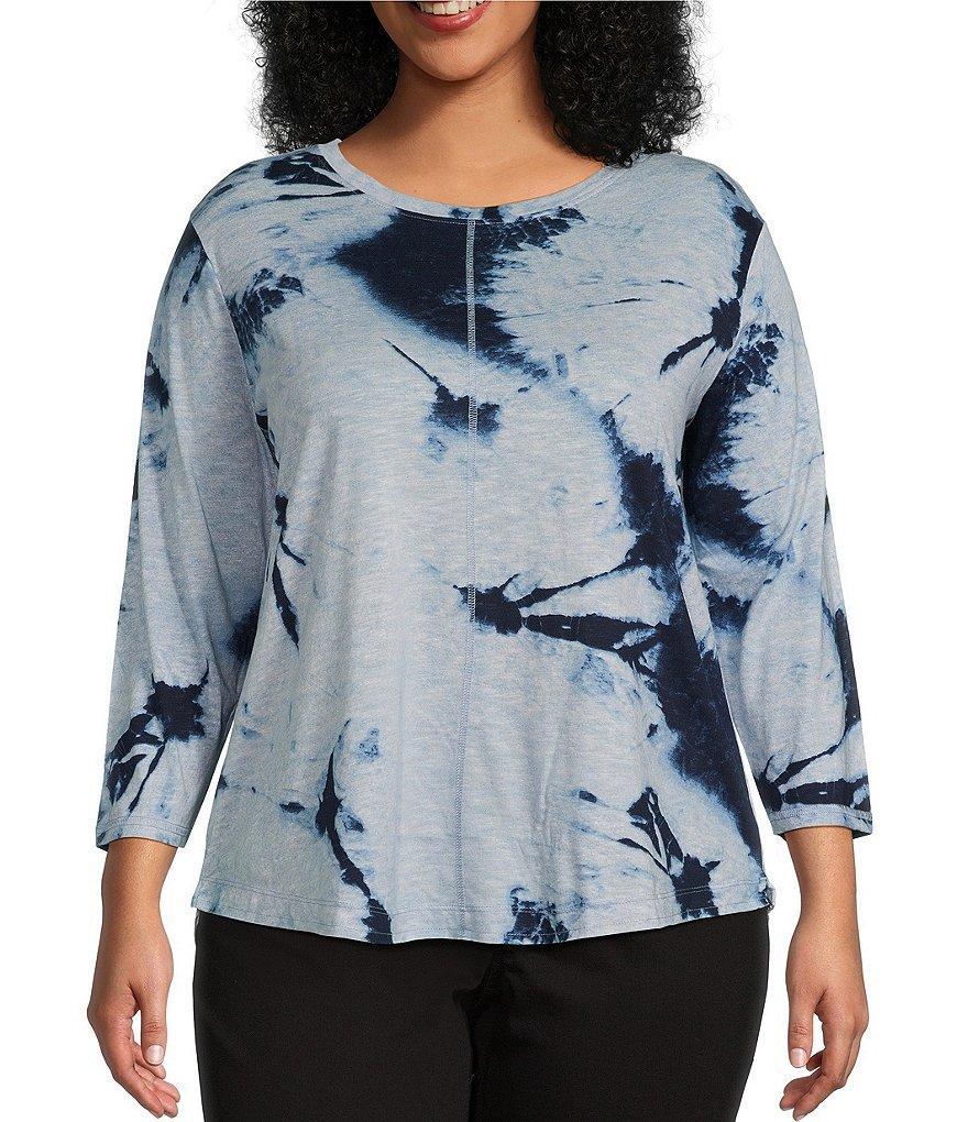 Westbound Plus Size 3/4 Sleeve Knit Crew Neck Shibori Print Top Product Image