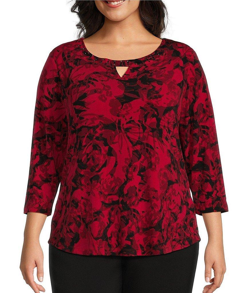 Allison Daley Plus Size Floral Print 3/4 Sleeve Embellished Keyhole Neck Knit Top Product Image