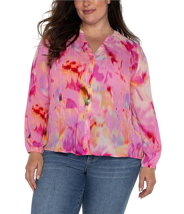 Liverpool Los Angeles Plus Size Watercolor Print Split Round Neck Long Sleeve Button Front Blouse Product Image