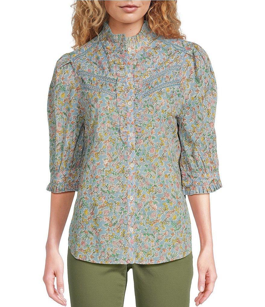 Democracy Petite Size Cotton Metallic Floral Ruffled Trim 3/4 Button-Front Shirt Product Image