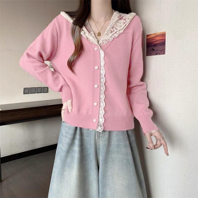 V-Neck Lace Panel Hooded Faux Pearl Buttoned Cardigan Product Image