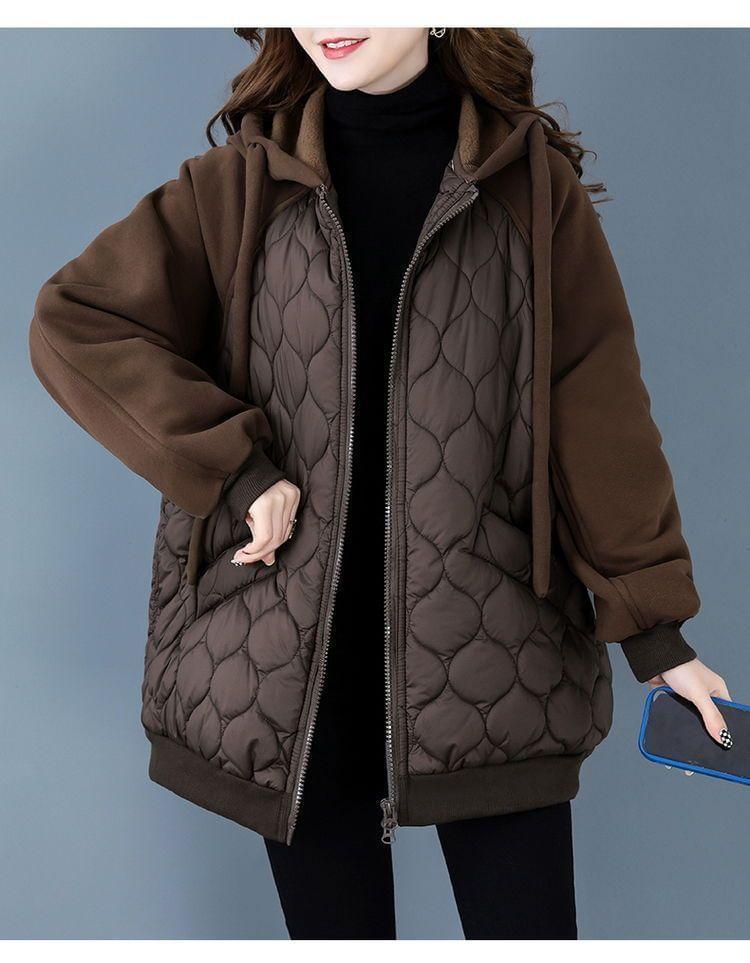 Hooded Plain Quilted Zip Up Jacket Product Image