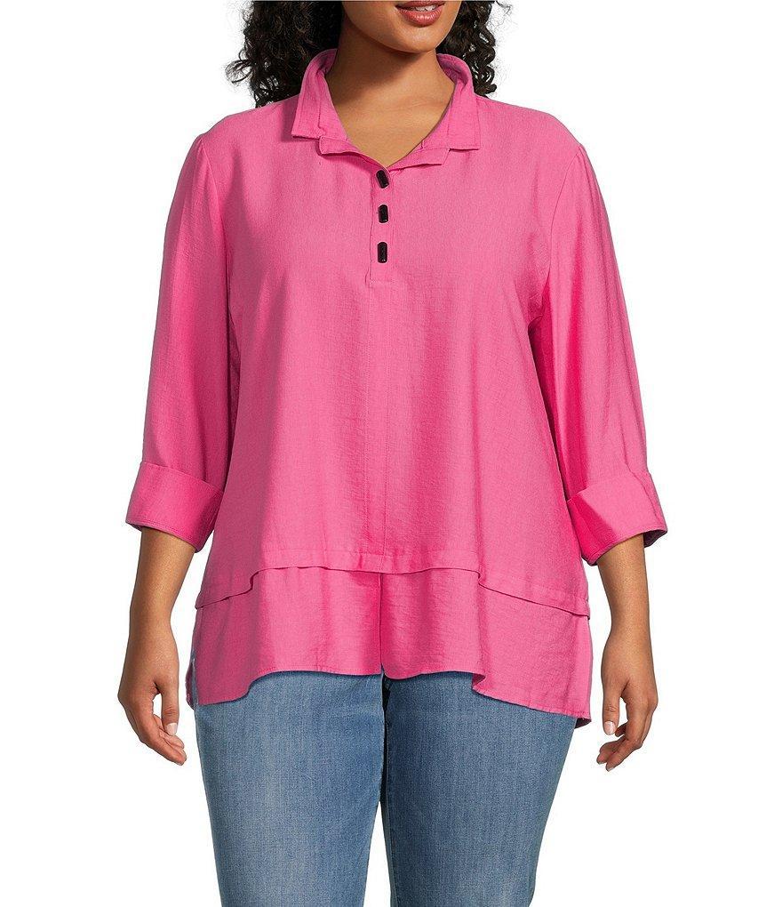 Ali Miles Plus Size Solid Woven Point Collar 3/4 Roll-Tab Sleeve Blouse Product Image