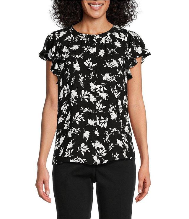 Investments Petite Size Black White Sprigs Print Woven Crew Neck Flutter Cap Sleeve Button Front Top Product Image