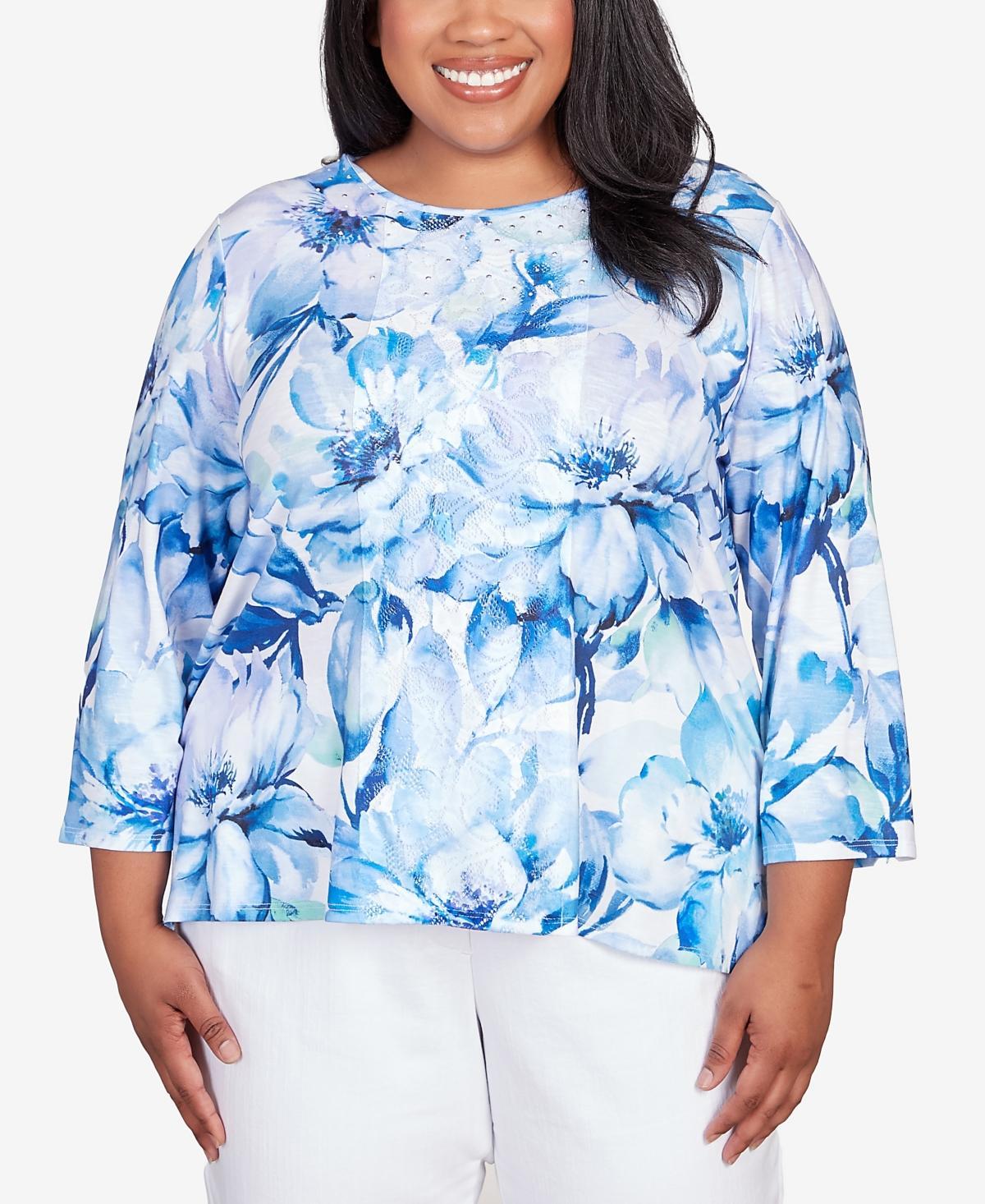 Alfred Dunner Plus Size Classic Watercolor Floral Lace Paneled Top Product Image