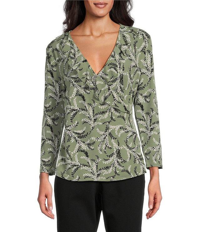 Investments Knit Dreamy Vines Print 3/4 Sleeve Ruffle V-Neck Faux Wrap Top Product Image