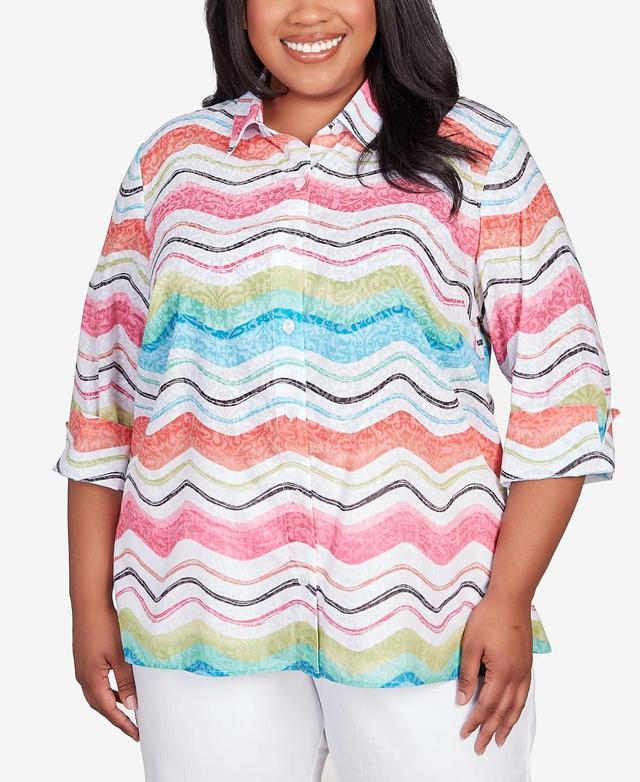 Plus Size Alfred Dunner Wavy Stripe Button Down Top, Womens Product Image