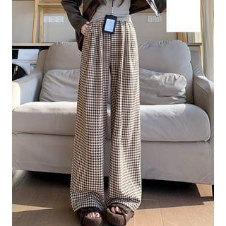 Drawstring Waist Houndstooth Wide Leg Pants Product Image