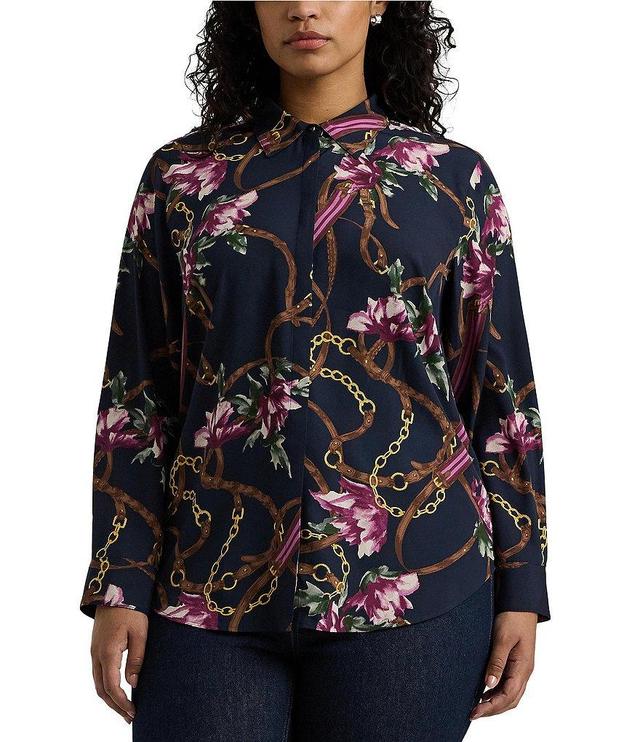 Lauren Ralph Lauren Plus Size Equestrian-Inspired Floral Print Crepe Long Sleeve Button-Front Shirt Product Image